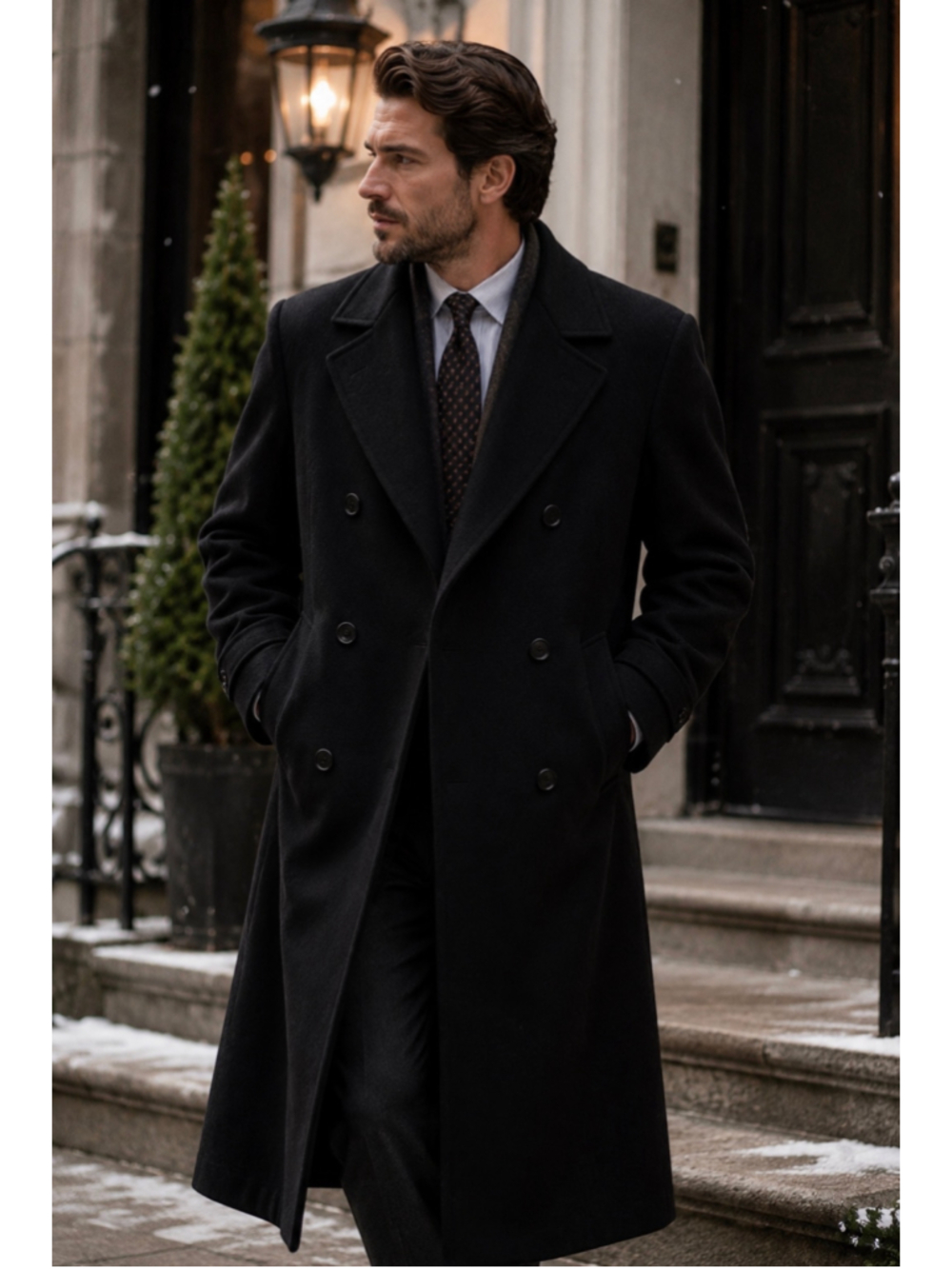 HAGGAR OUTDOOR LIFE VINTAGE WOOL DOUBLE BREASTED LONG OVERCOAT BLACK BELTED QUIE